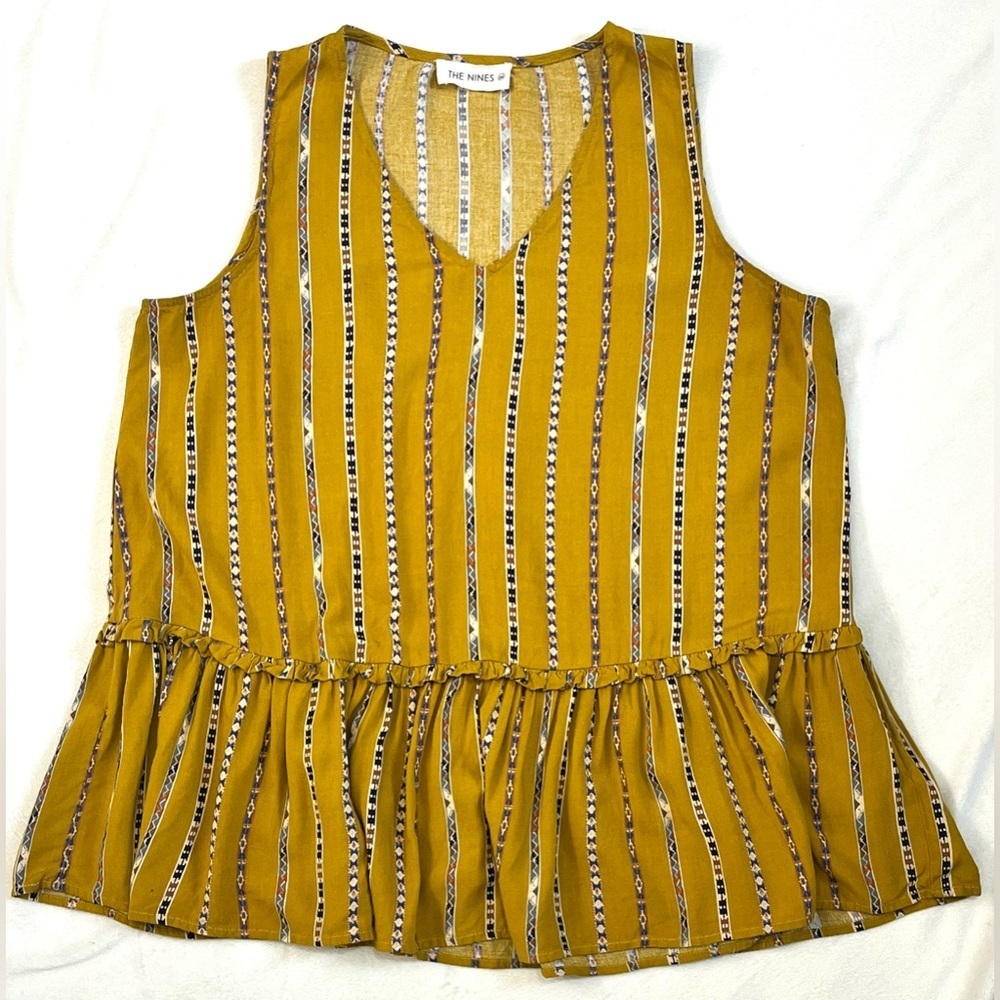 The Nines Women’s Mustard Yellow Striped V-Neck Ruffle Hem Sleeveless Top